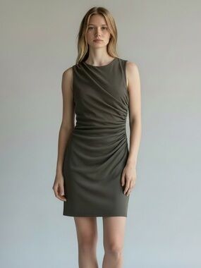 Zara Sleeveless Side-Ruched Mini Dress in Olive Green